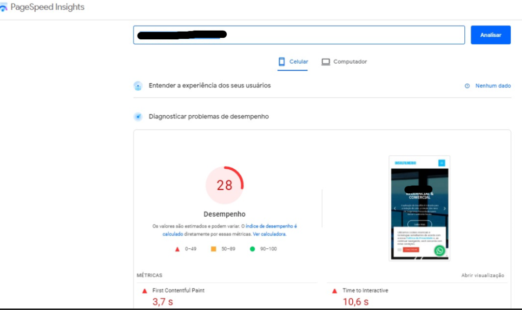 Métricas do site antes do projeto